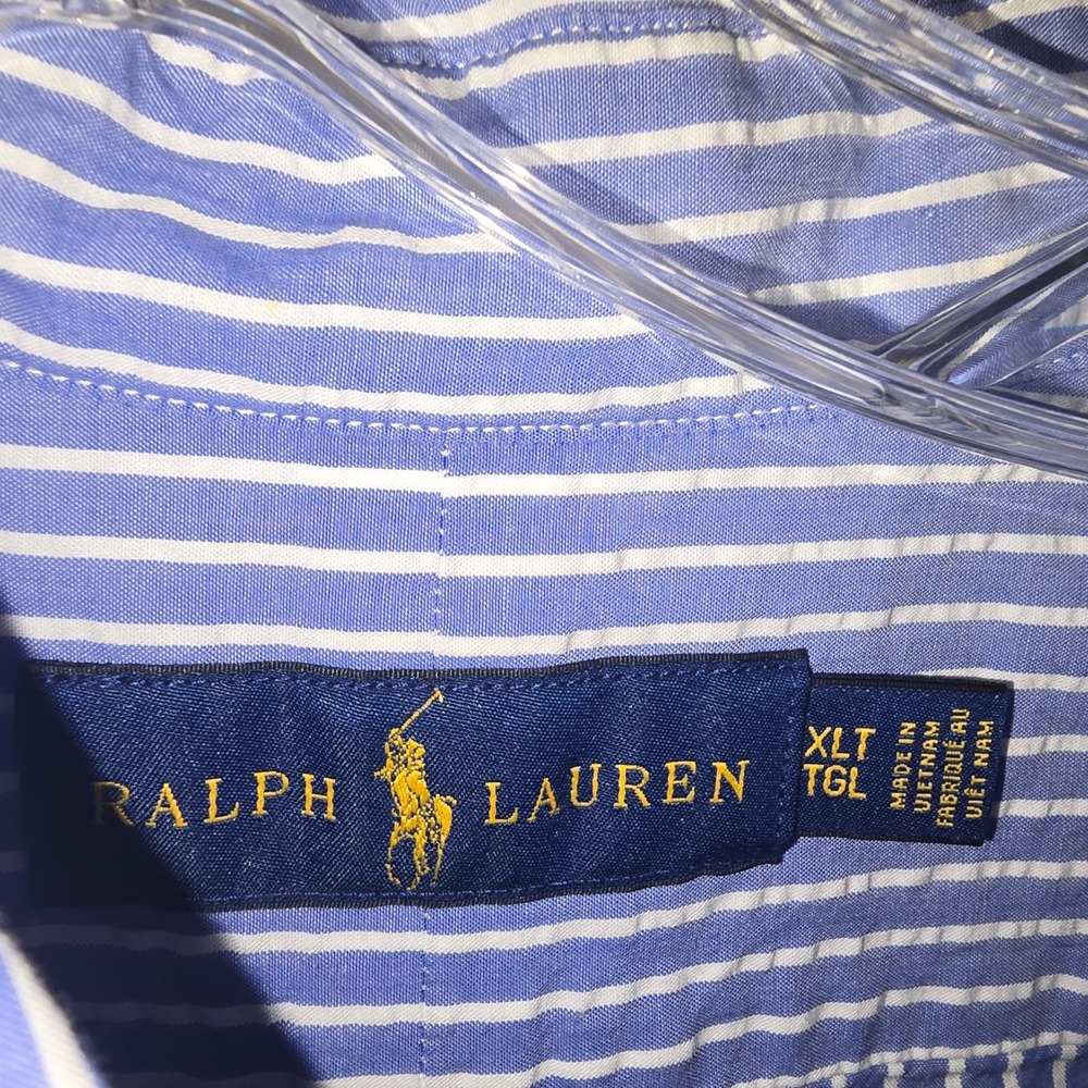 Ralph Lauren Button Down Shirt XLT Mens Blue Striped Seersucker SS Tall Pony - Picture 2 of 7